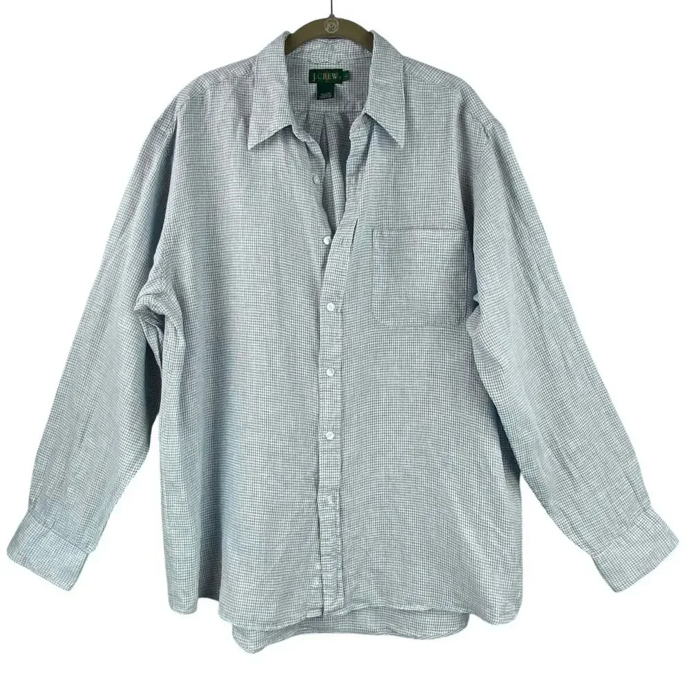 Vintage J. Crew Oarsman Gingham Check 100% Linen Button Up Shirt Blue